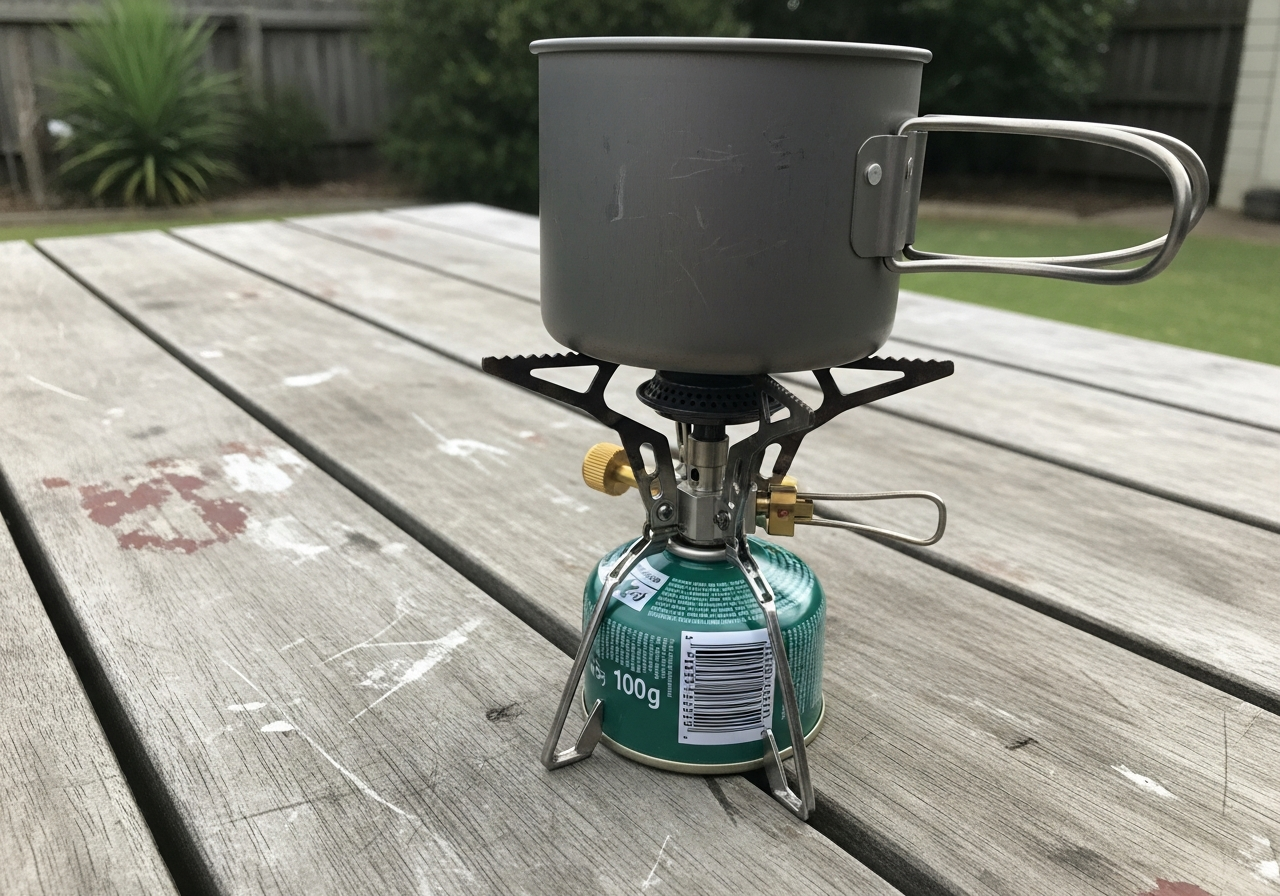 Compact hiking stove with a titanium pot and gas canister on a timber table