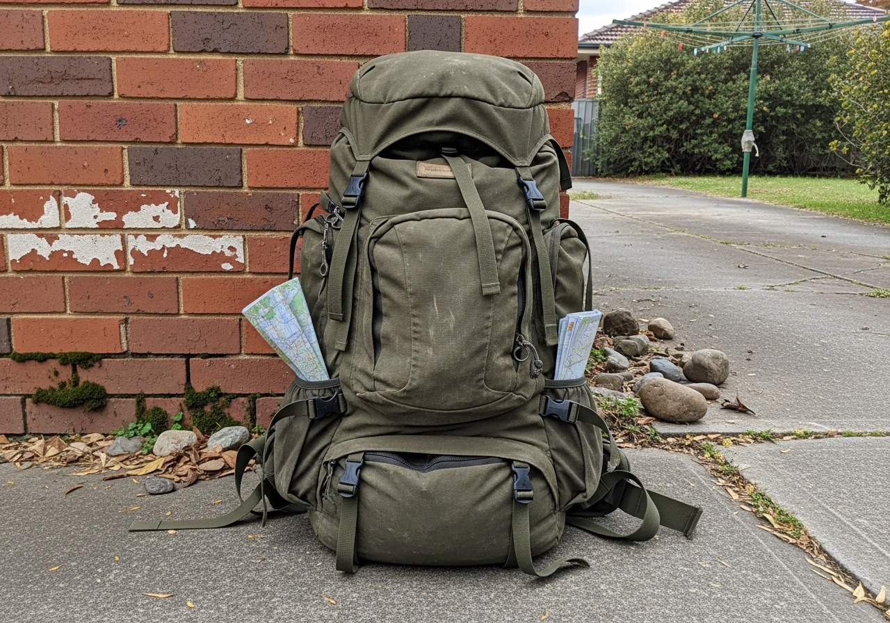 Large 70-litre hiking backpack standing against a brick wall on a driveway