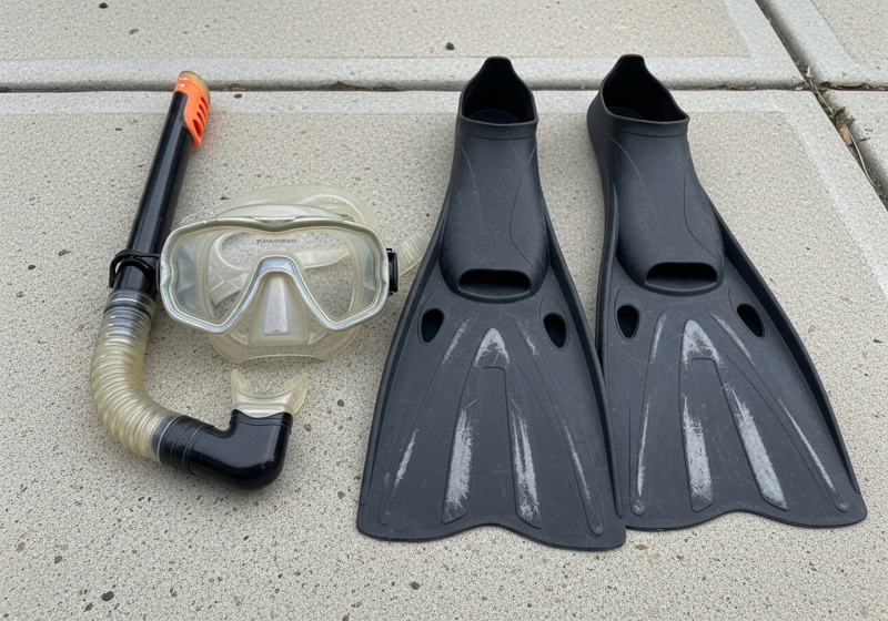 Snorkel mask, snorkel and fins laid on concrete