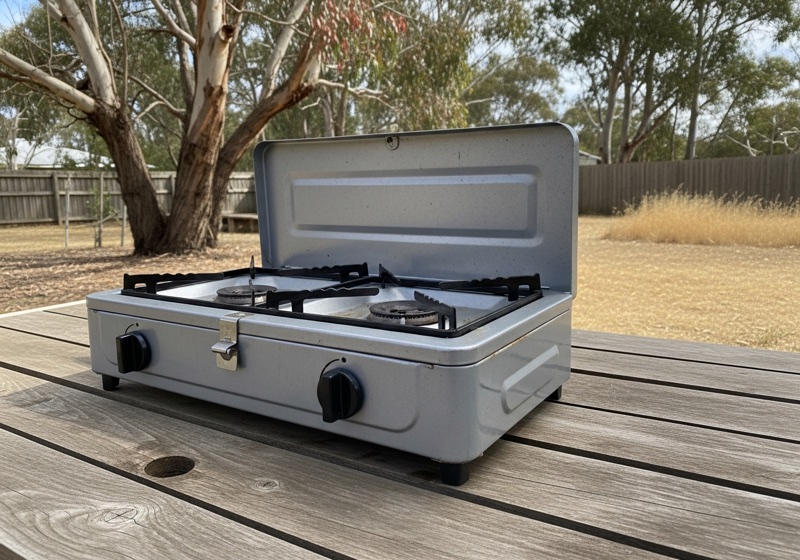 Twin-burner gas stove open on a timber table