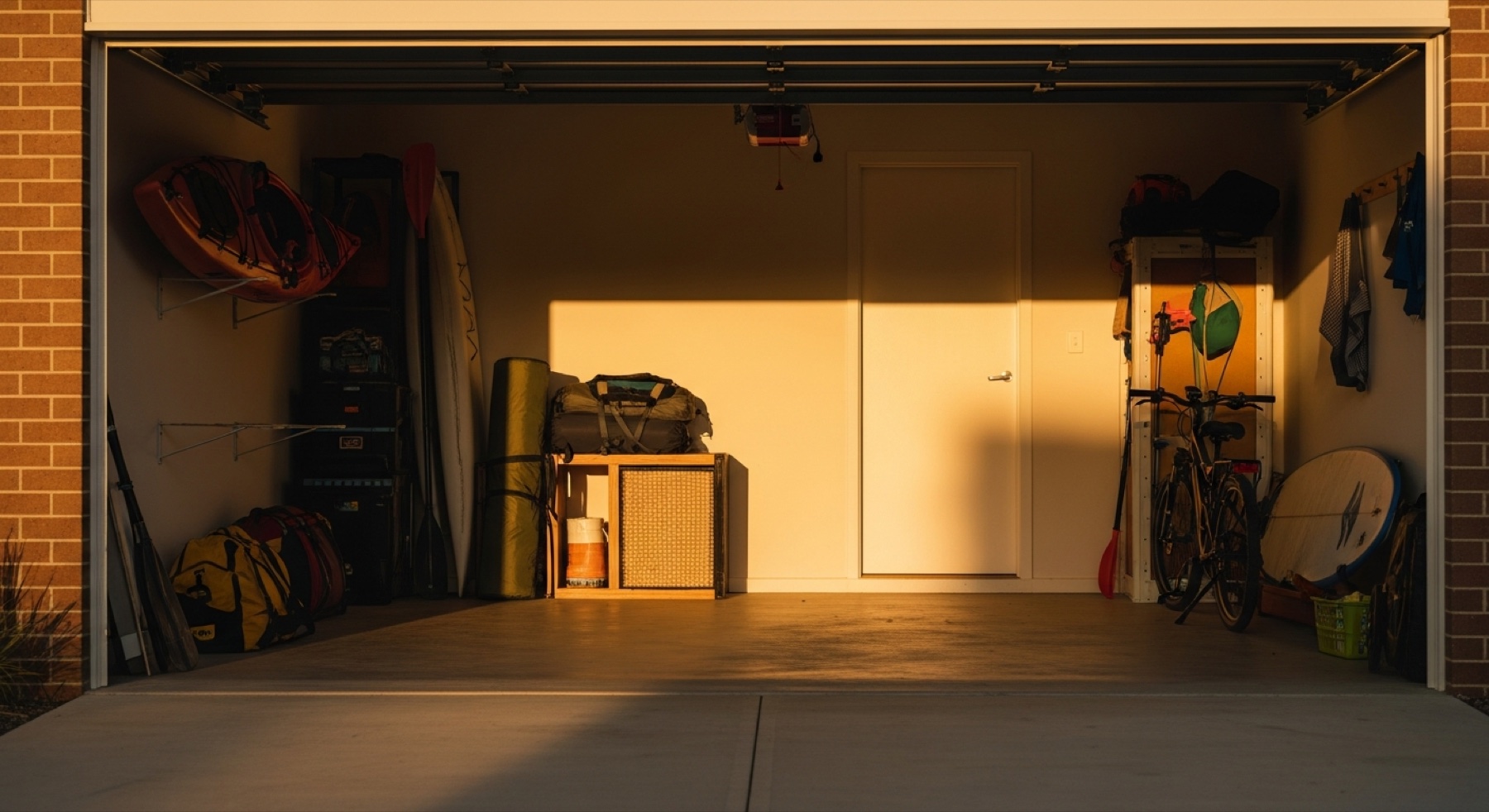 Open garage full of outdoor gear at golden hour