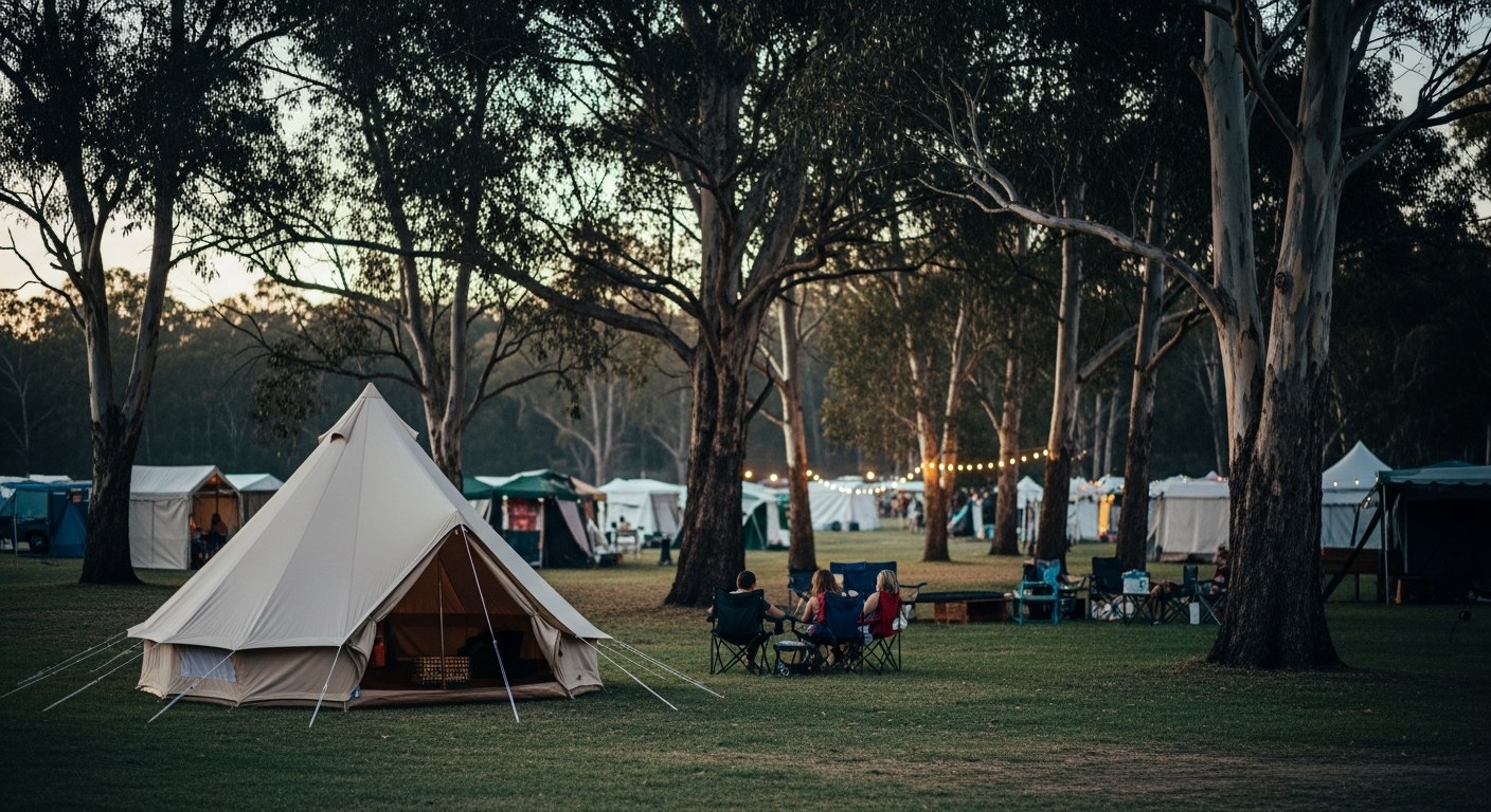 Canvas touring tent set up in a grassy paddock with gum trees
